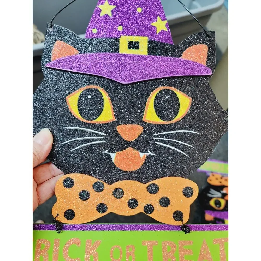 NEW Holiday Living Glitter Wood HALLOWEEN BLACK CAT Wall Hanging Door Sign 13.7